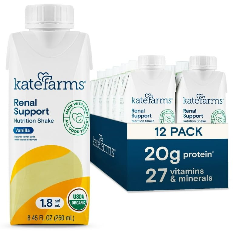 Kate Farms Renal Support Shake vanilla bottle shows plant-based nutrition for daily nourishment.