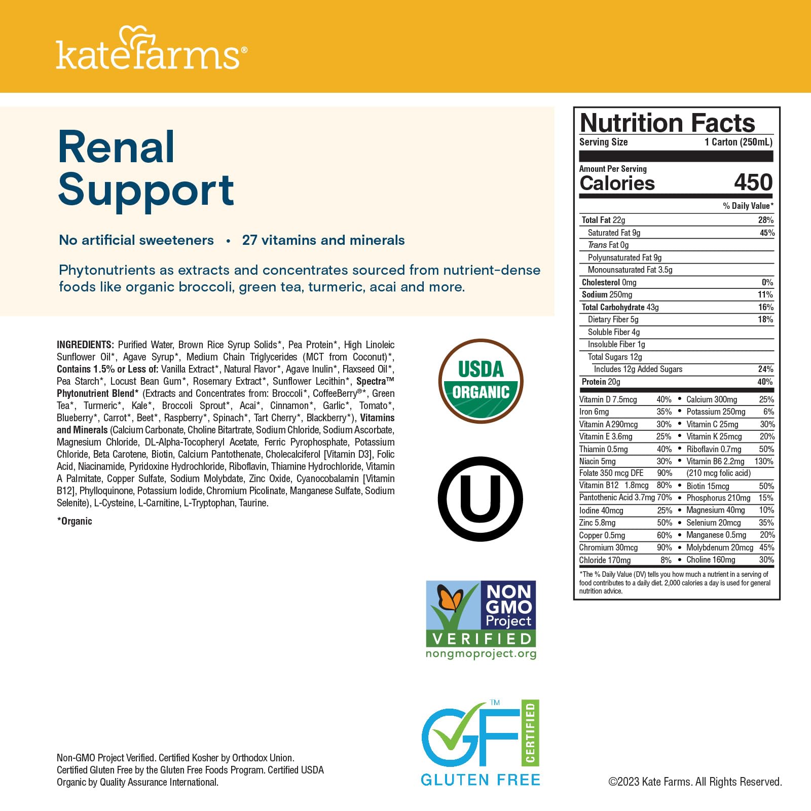 Kate Farms Renal Support Shake vanilla label highlights 20 g protein per serving.