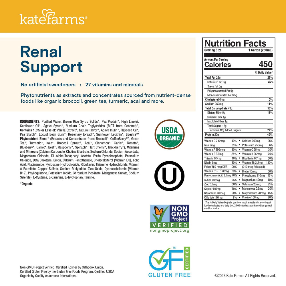 Kate Farms Renal Support Shake vanilla label highlights 20 g protein per serving.