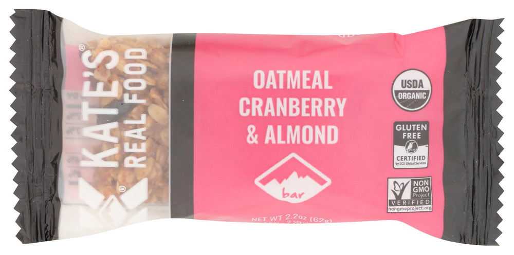 Kate's Real Food Bar Oatmeal Cranberry Almond front view shows a wholesome, grab-and-go snack for a balanced day