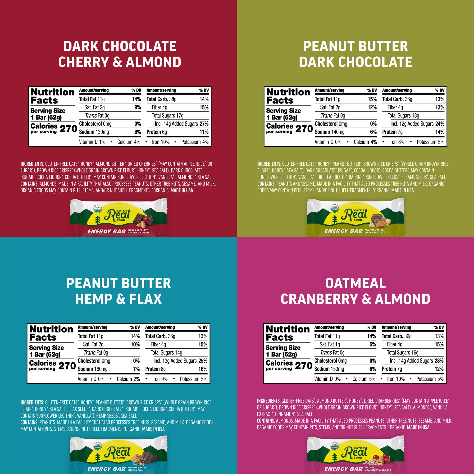 Kate's Real Food Dark Chocolate Cherry Almond bar close-up, protein-packed trail snack.