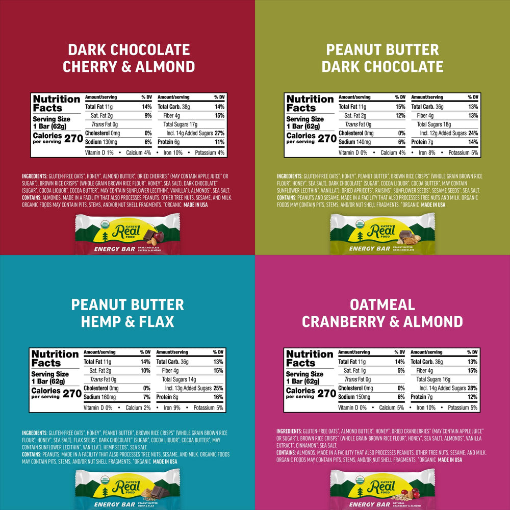 Kate's Real Food Dark Chocolate Cherry Almond bar close-up, protein-packed trail snack.