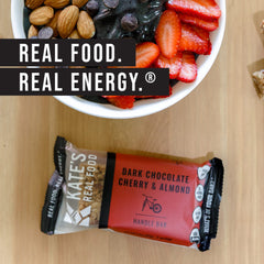 Kate's Real Food handle bar unwrapped, showing rich chocolate texture and cherry notes.