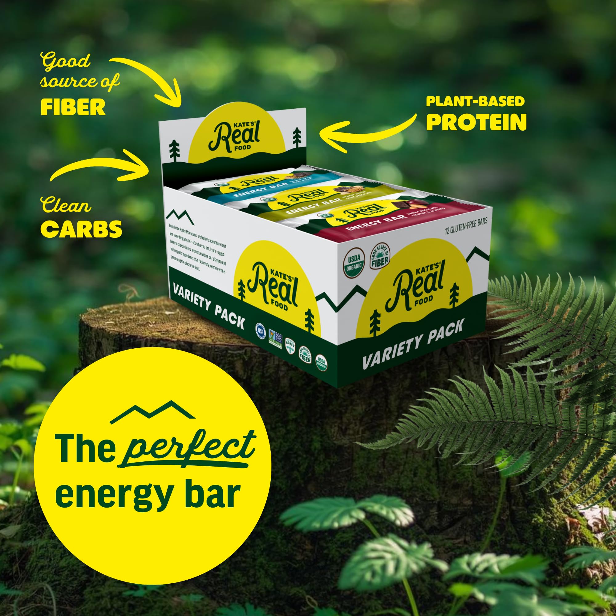 Kate's Real Food Hemp & Flax bar close-up, fiber-rich energy for workouts.