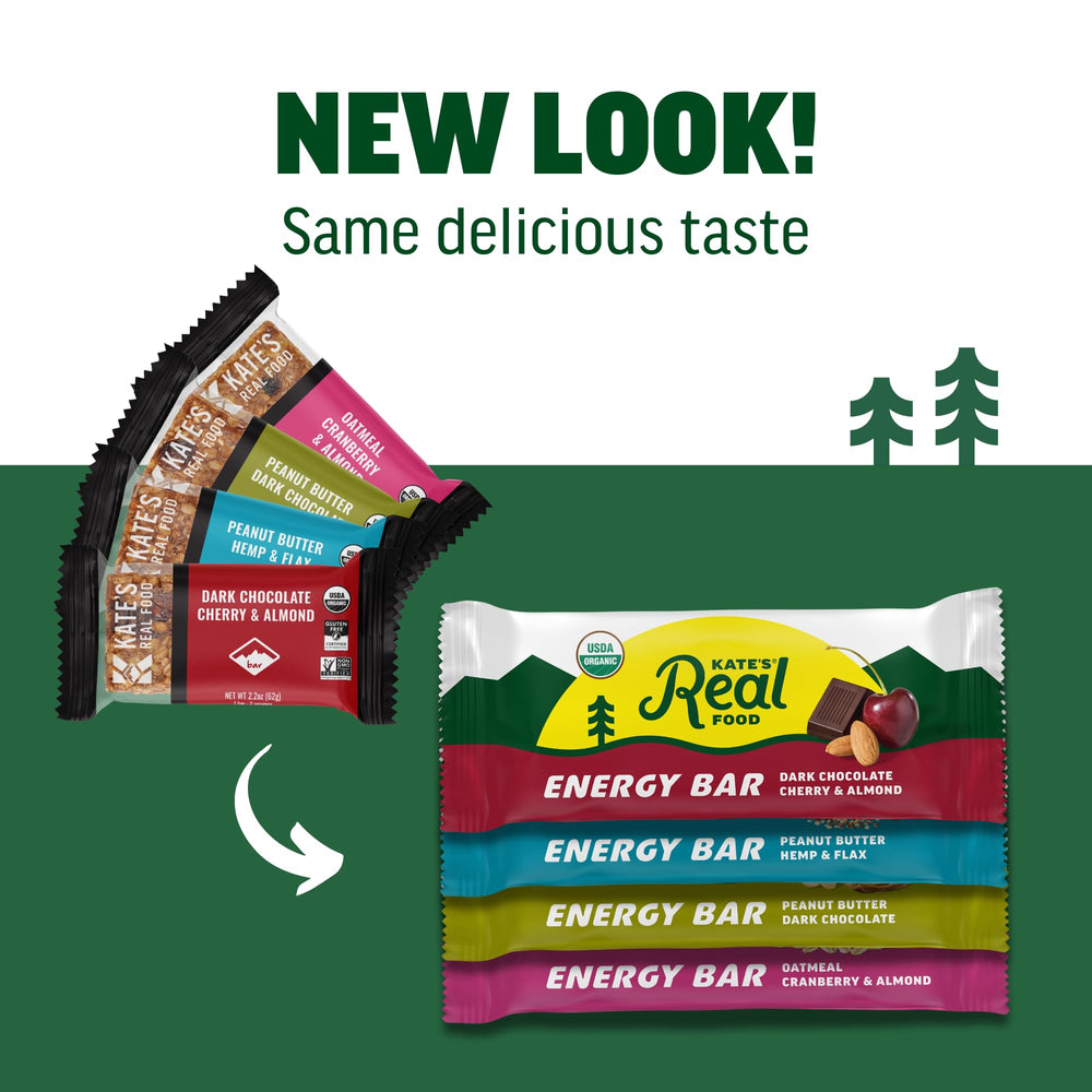 Kate's Real Food Oatmeal Cranberry & Almond bar close-up, naturally honey-sweetened treat.