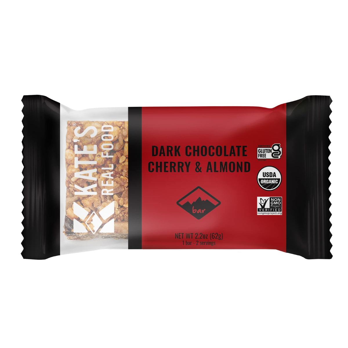Kate's Real Food organic dark chocolate cherry almond handle bar 12-count, ideal for on-the-go snacking.