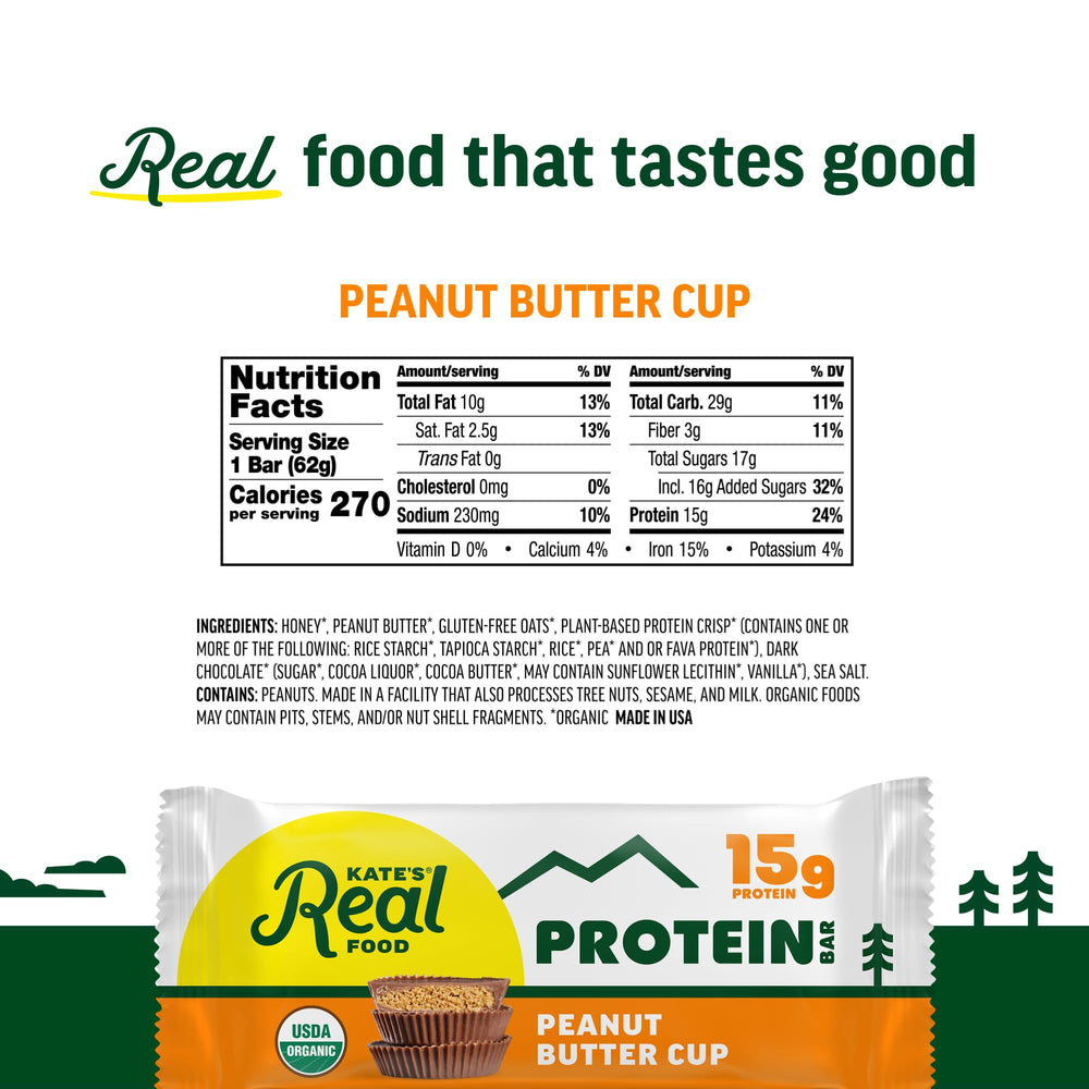 Kate’s Real Food Peanut Butter Cup bar individually wrapped for travel snacks