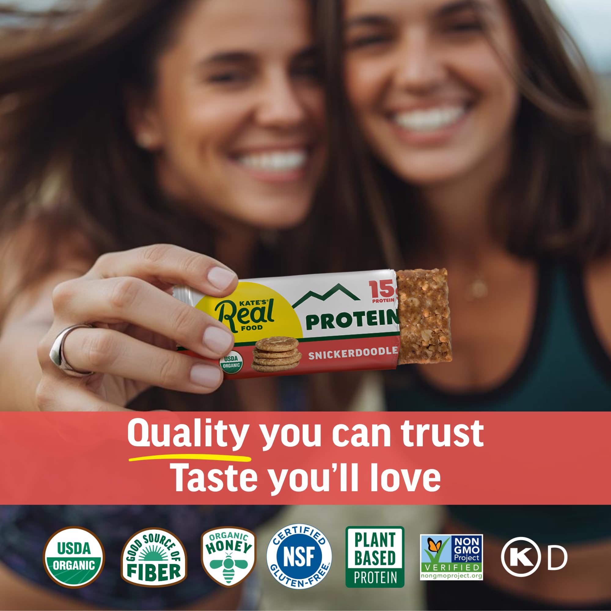 Kate's Real Food Snickerdoodle bar hero shot features a cinnamon-flavored, satisfying snack.