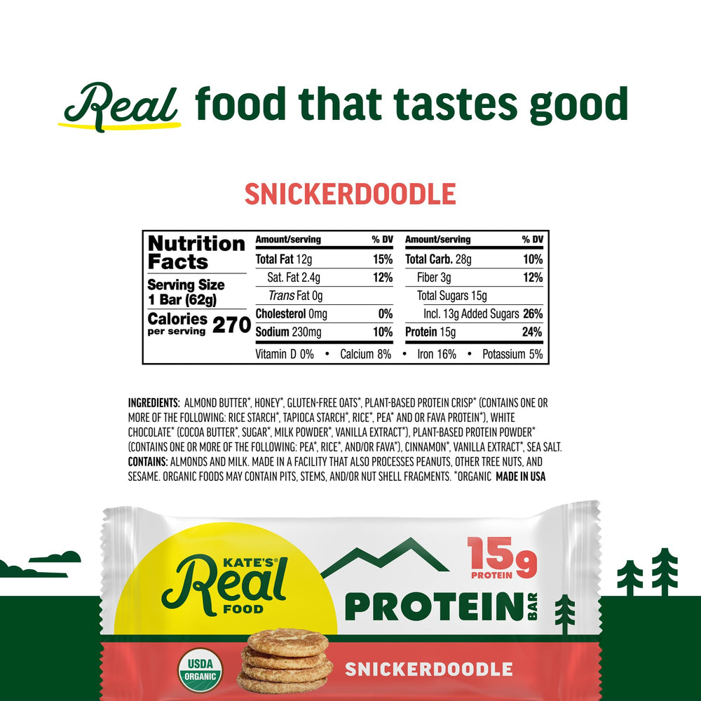Kate's Real Food Snickerdoodle bar ingredients close-up highlighting clean energy.