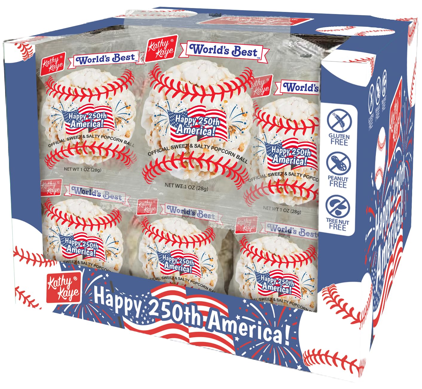 Kathy Kaye baseball-themed packaging highlights a snack for fans at events.
