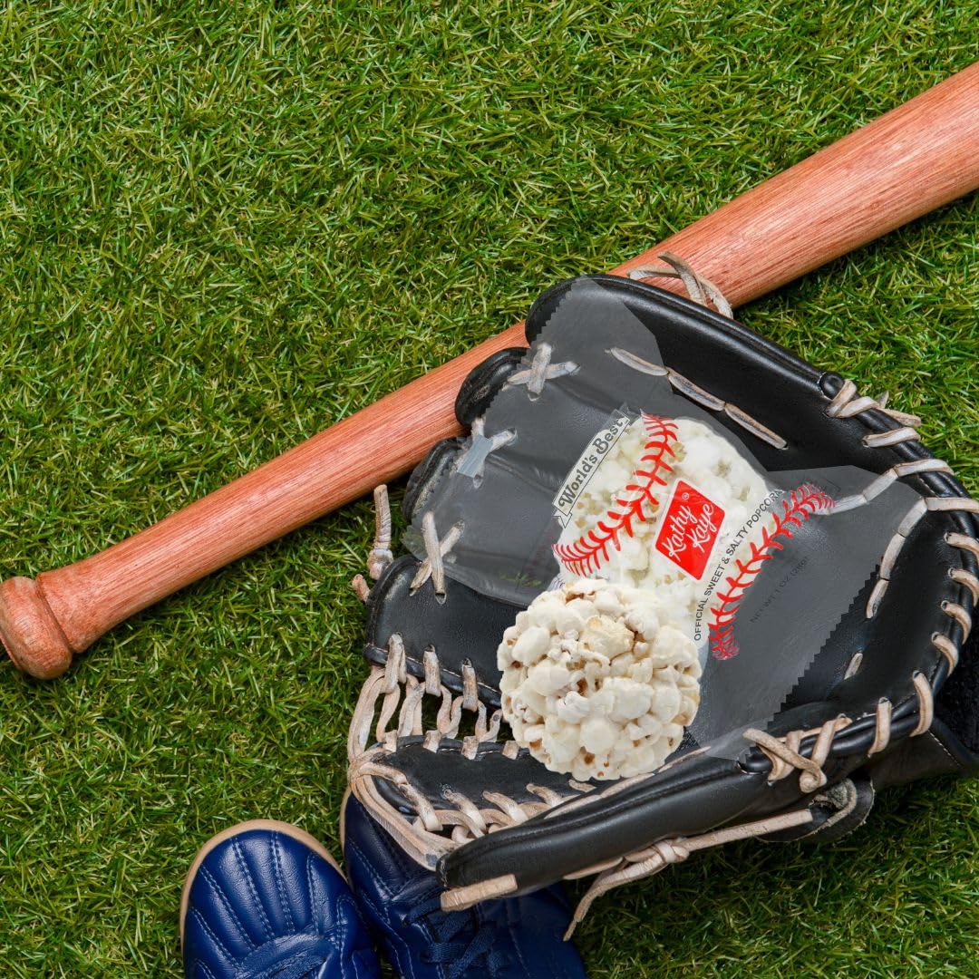 Kathy Kaye Baseball Popcorn Balls are dairy-free for versatile snacking.