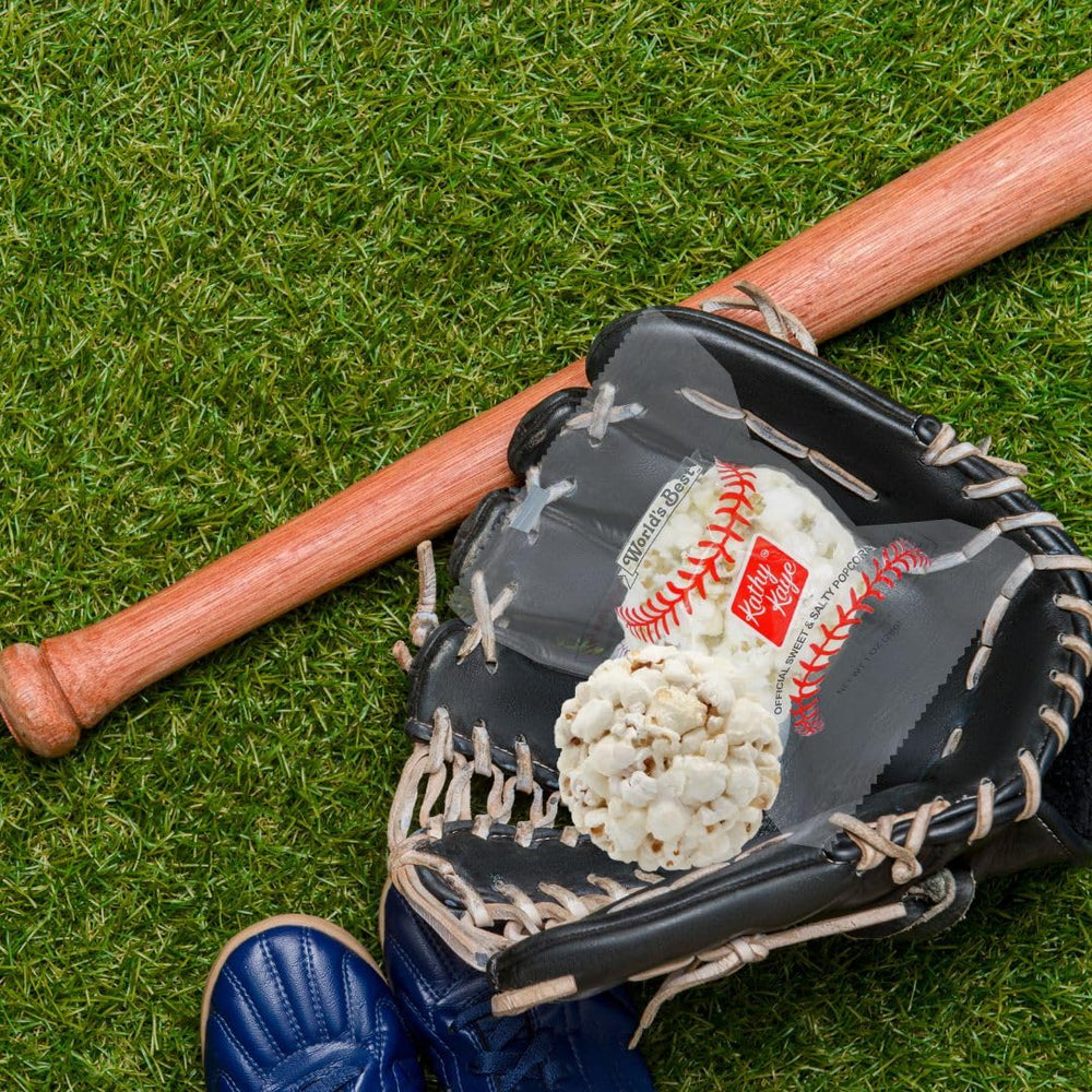 Kathy Kaye Baseball Popcorn Balls are dairy-free for versatile snacking.