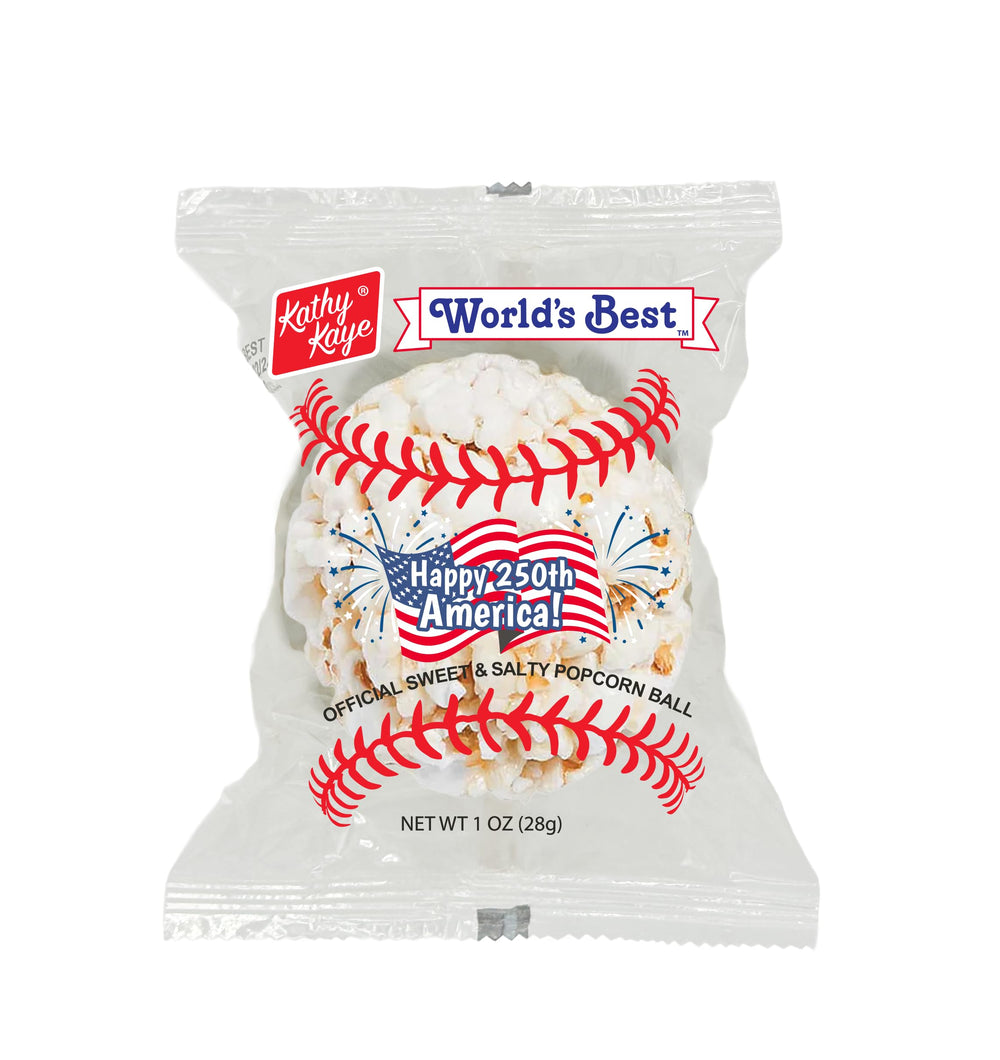 Kathy Kaye Baseball Popcorn Balls in a display case for party favors and game day.