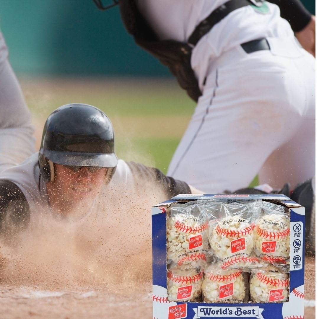 Kathy Kaye Baseball Popcorn Balls are nut-free for safer sharing.