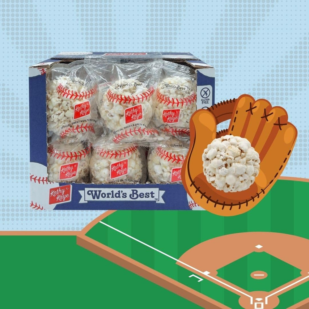 Kathy Kaye Baseball Popcorn Balls in a sweet-salty flavor for celebrations.