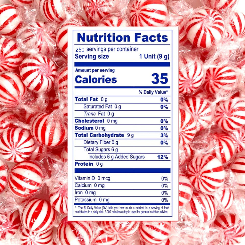 Katie's Kandy Korner jumbo peppermint candy balls closeup shows crisp red-and-white mint rounds