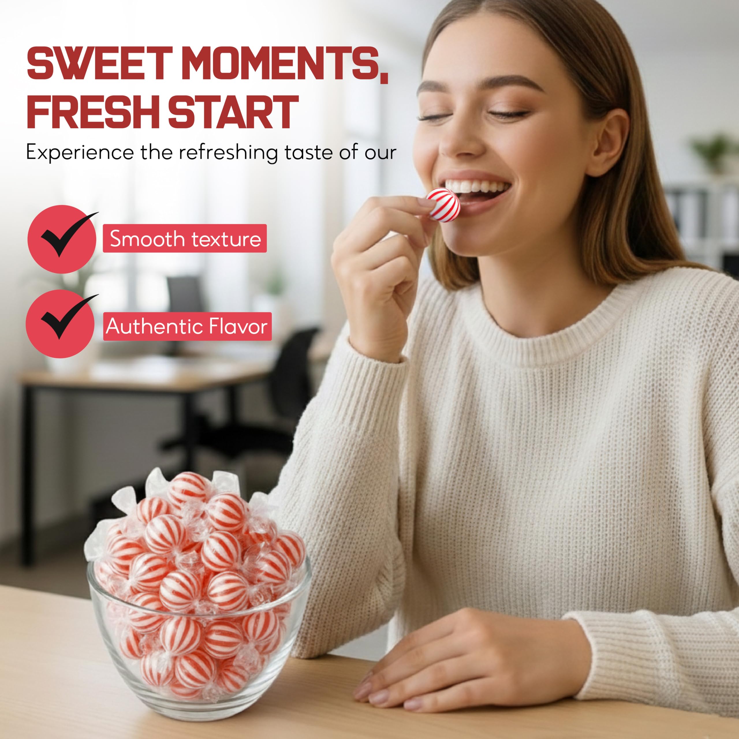 Katie's Kandy Korner jumbo peppermint candy balls in an office bowl encourage quick snacks