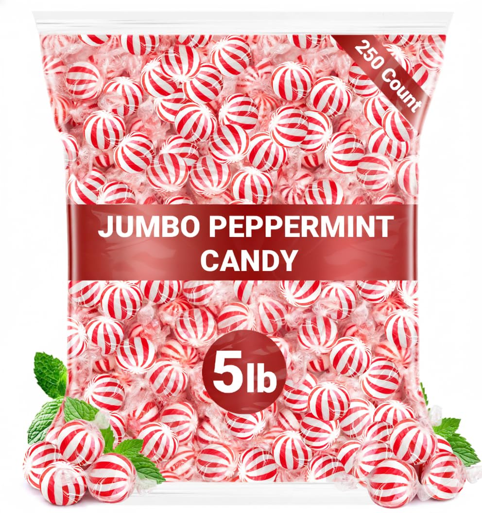 Katie's Kandy Korner jumbo peppermint candy balls packaging display for bulk gifting and party prep