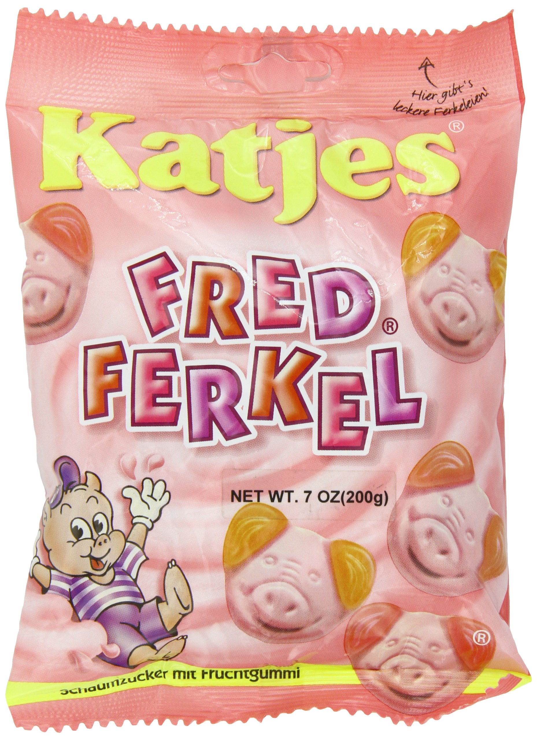 Katjes Fred Ferkel candy packshot featuring gluten-free and lactose-free berry flavors.