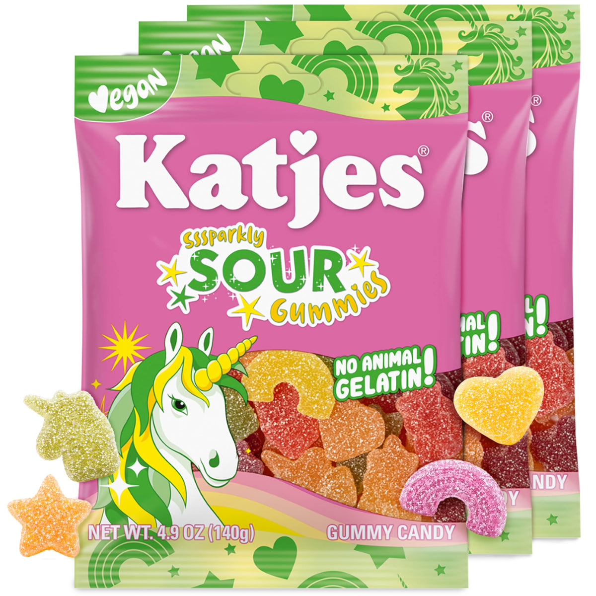 Katjes Vegan Sour Gummies rainbows image, vibrant shapes ideal for party snacking.