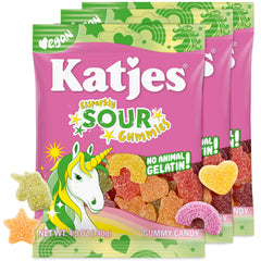 Katjes Vegan Sour Gummies rainbows image, vibrant shapes ideal for party snacking.