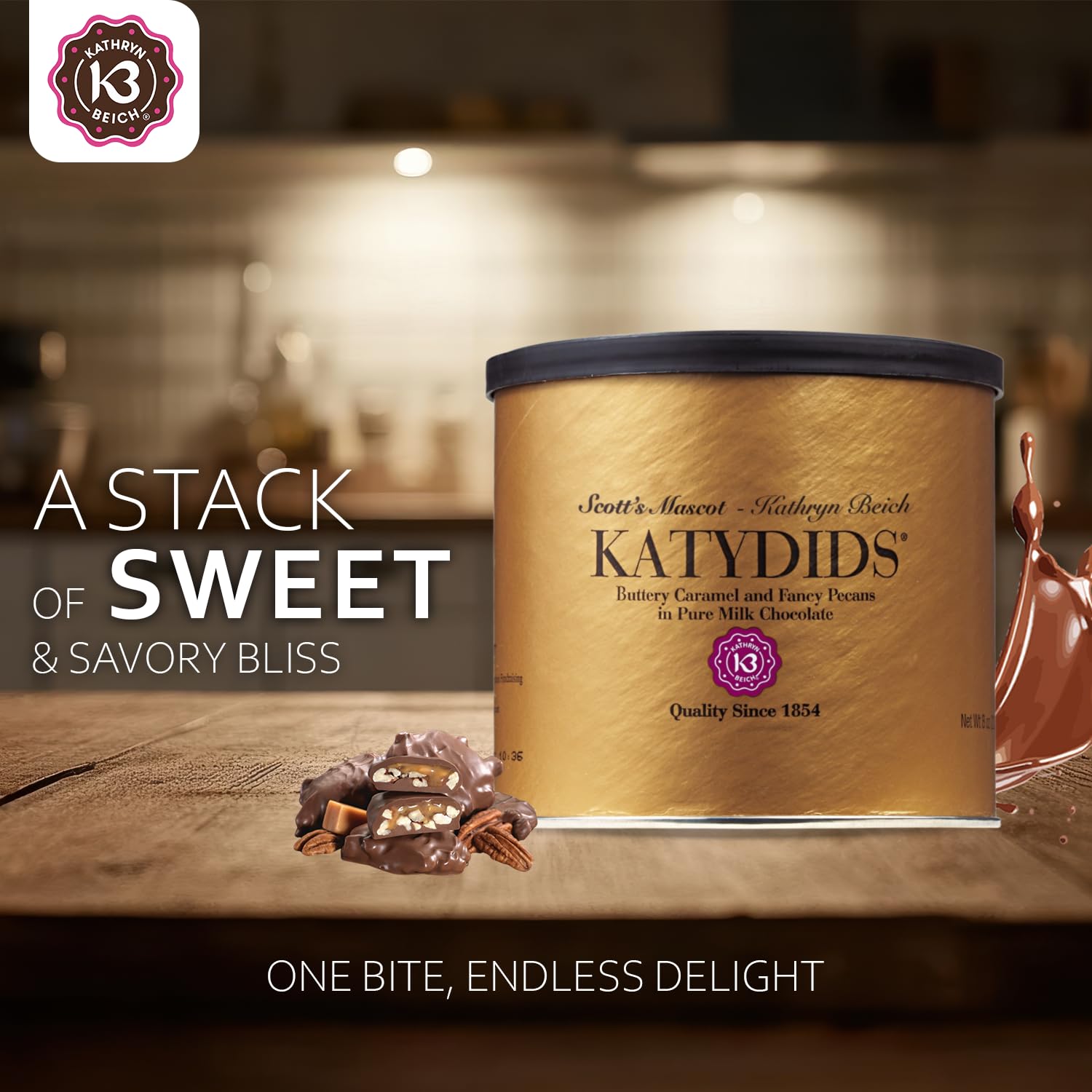 Katydids Candy classic turtle flavor with pecans.