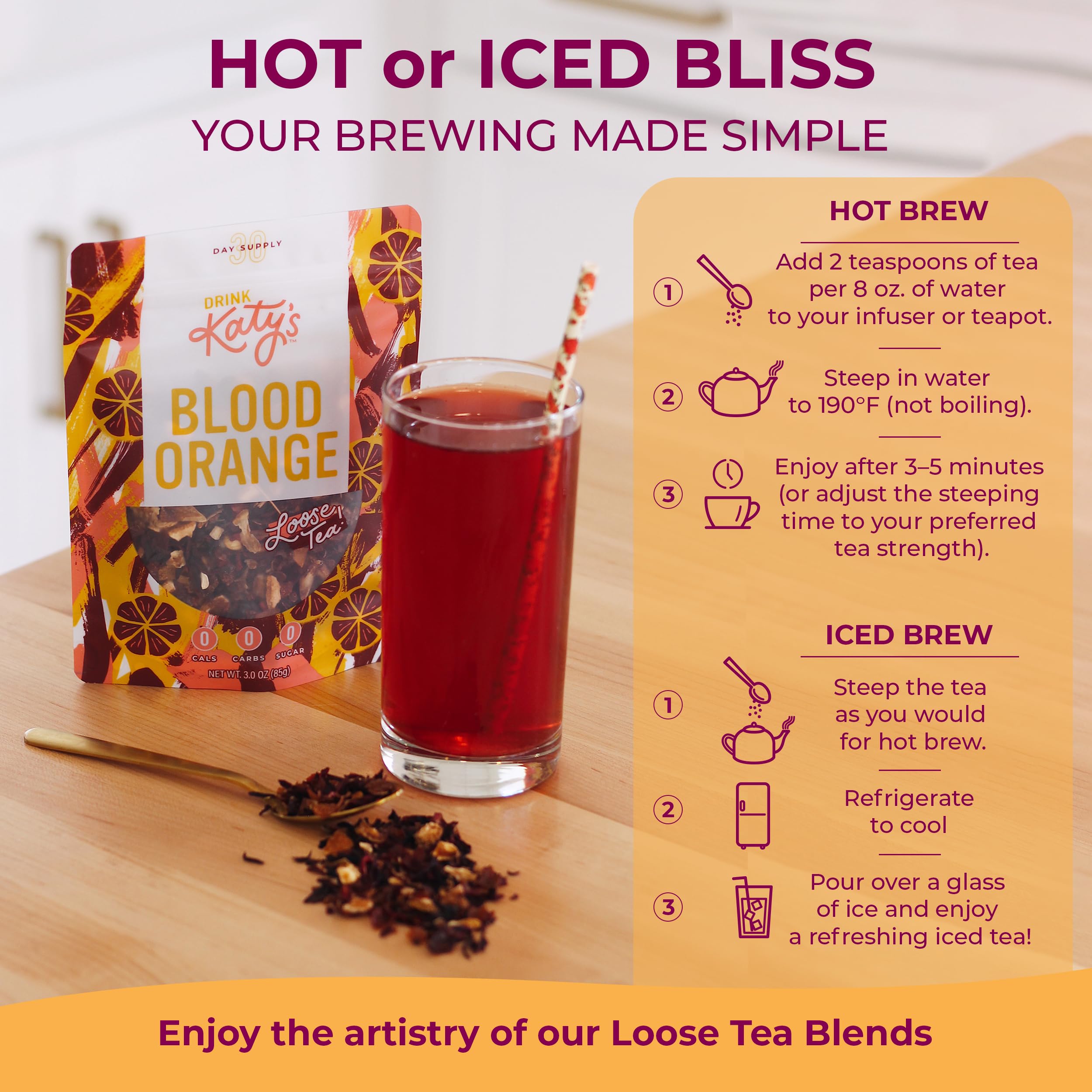 Hot brew releases vivid aroma and citrus character from Katy's blend.