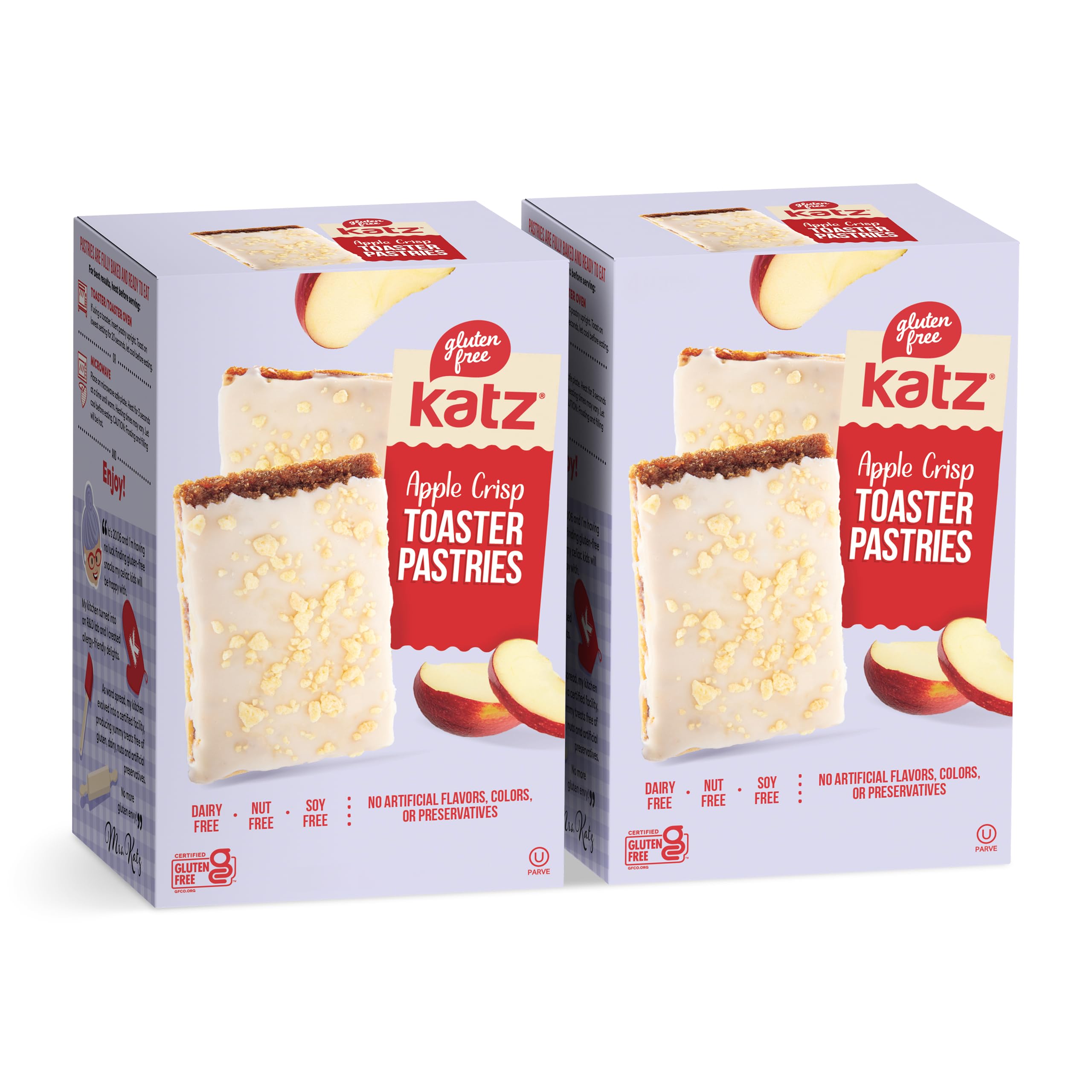 Katz Gluten Free Apple Crisp Toaster Pastries pack front—convenient, ready-to-eat snack.
