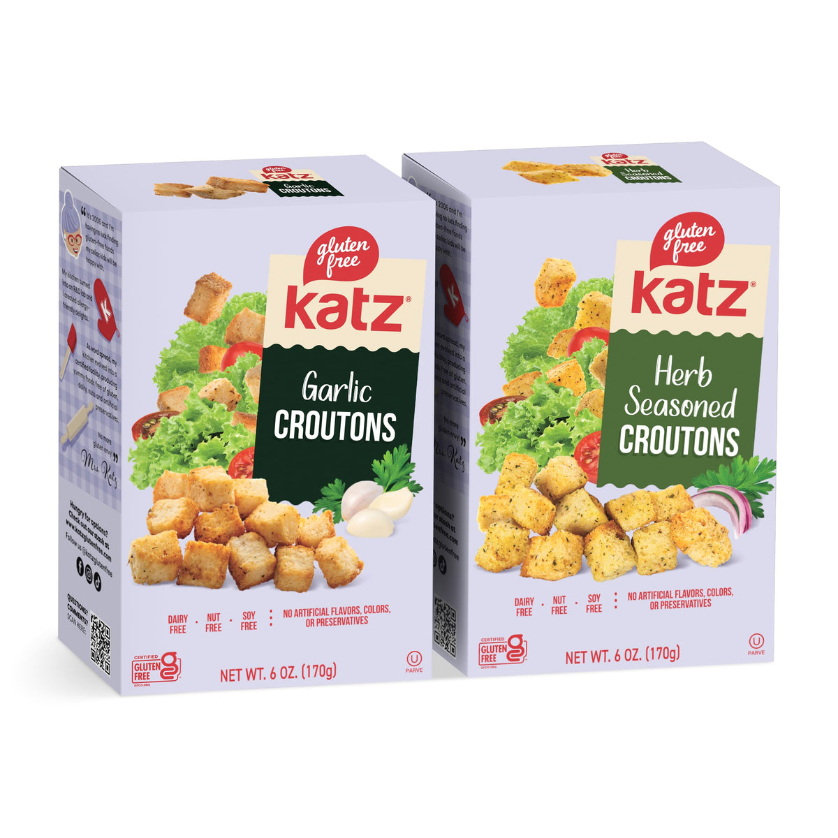 Katz Gluten Free Croutons Garlic flavor topping for salads with a crispy bite.