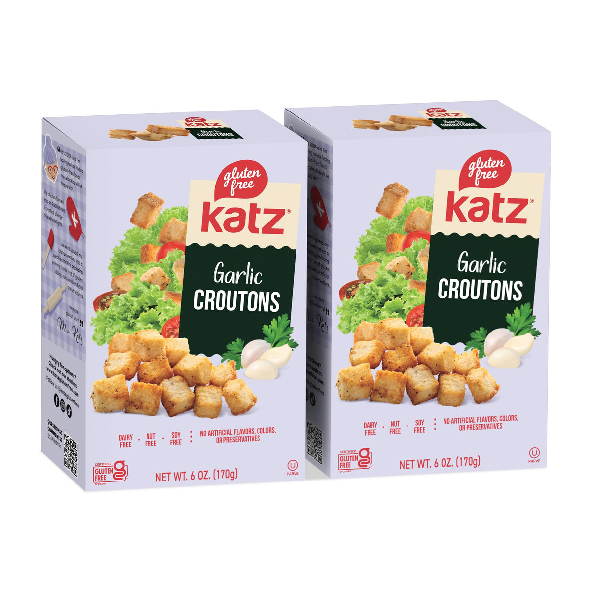 Katz Gluten Free Garlic Croutons two-pack, ideal topping for salads and soups.