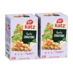 Katz Gluten Free Garlic Croutons two-pack, ideal topping for salads and soups.