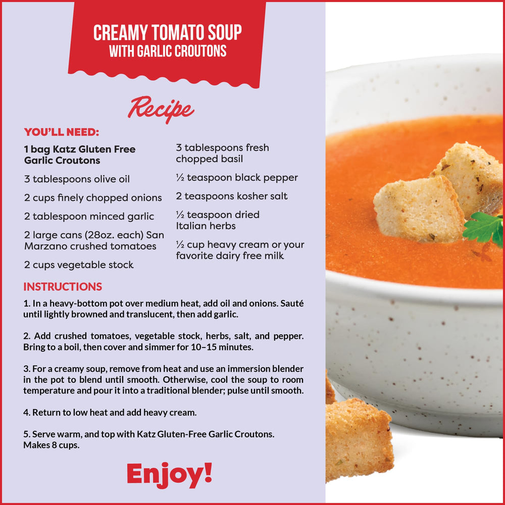 Katz Gluten Free Garlic Croutons on soup, adding savory texture.