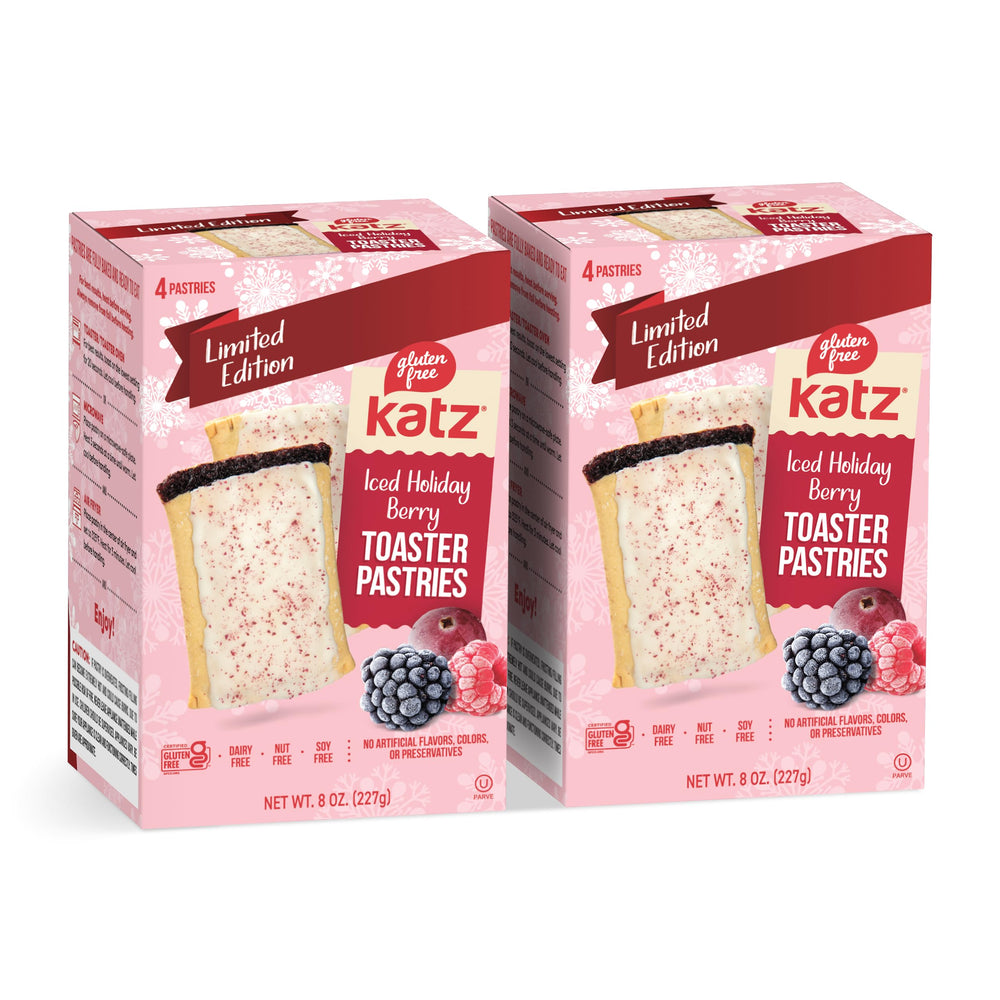 Katz Gluten Free Iced Holiday Berry Toaster Pastries with a snowy glaze, ready to enjoy.