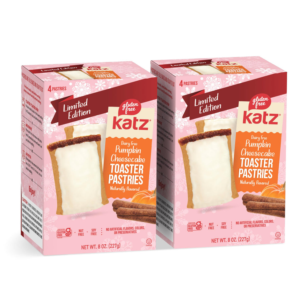 Katz Gluten Free Pumpkin Cheesecake Toaster Pastries package front, convenient two-pack for easy storage.