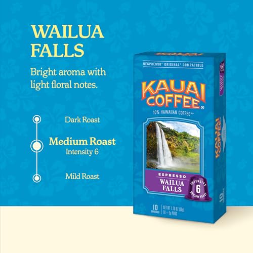Kauai Coffee Arabica 10% Hawaiian blend in premium pod format.
