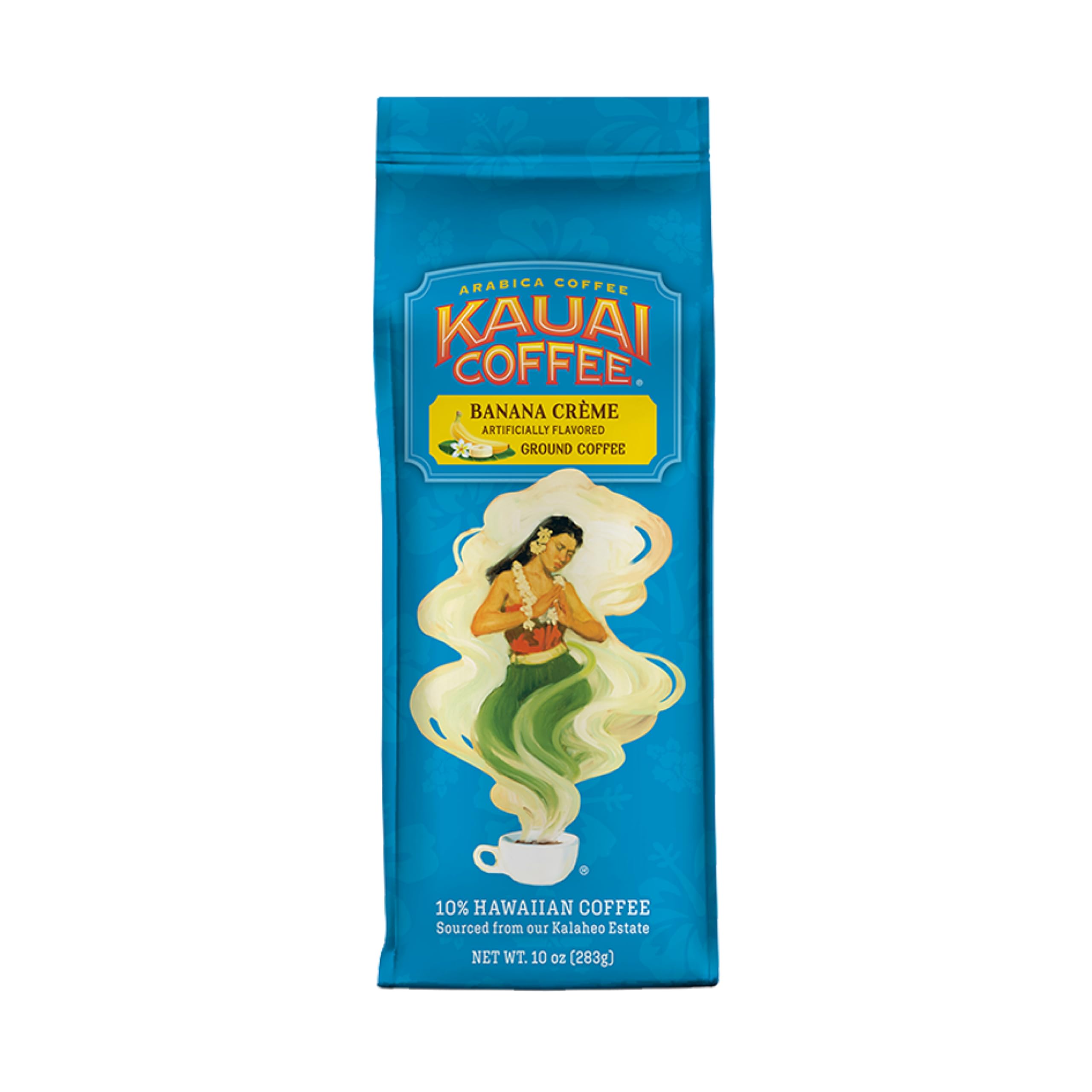 Kauai Coffee Banana Creme ground coffee bag ready for a serene morning brew