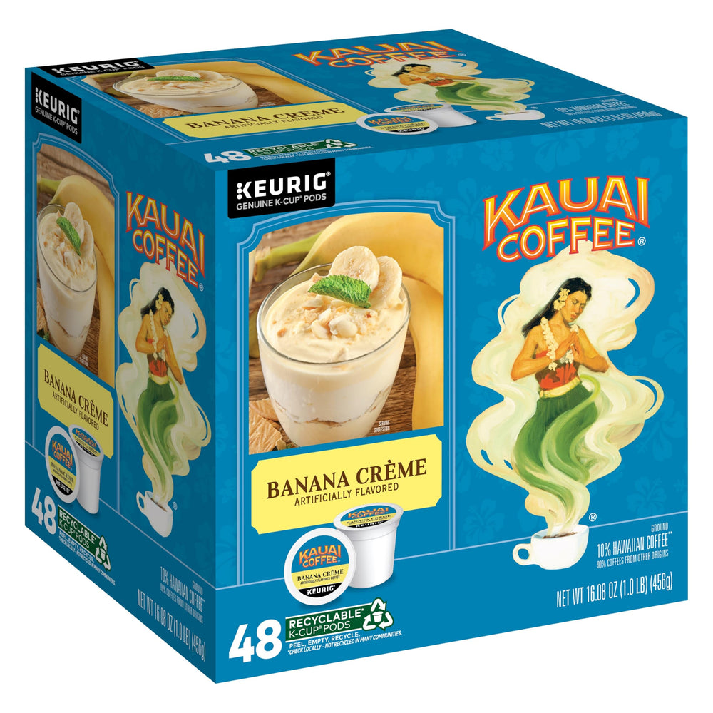 Kauai Coffee Banana Creme K-Cups pack for Keurig machines, ideal for easy mornings.