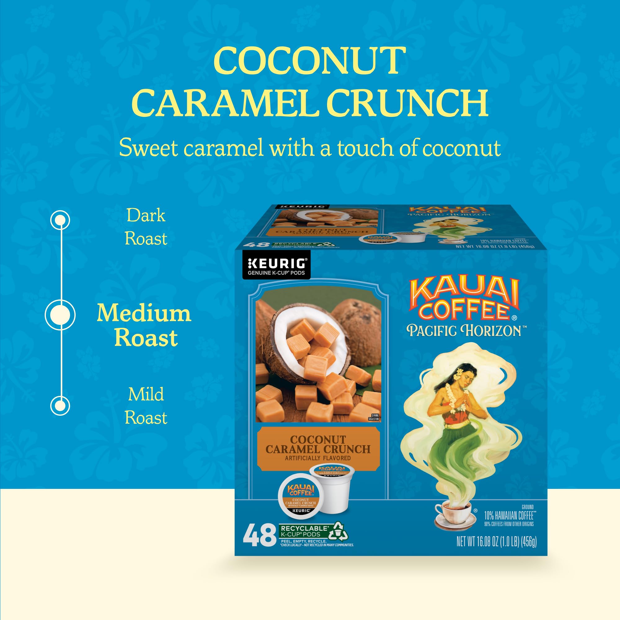 Kauai Coffee Coconut Caramel Crunch coffee glass with tropical notes.