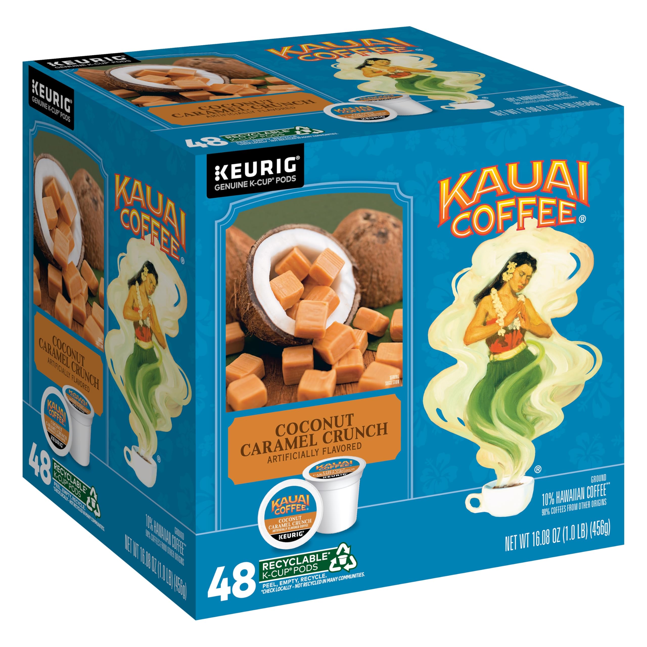 Kauai Coffee Coconut Caramel Crunch pod pack for Keurig single-serve brewing.