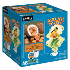 Kauai Coffee Coconut Caramel Crunch pod pack for Keurig single-serve brewing.