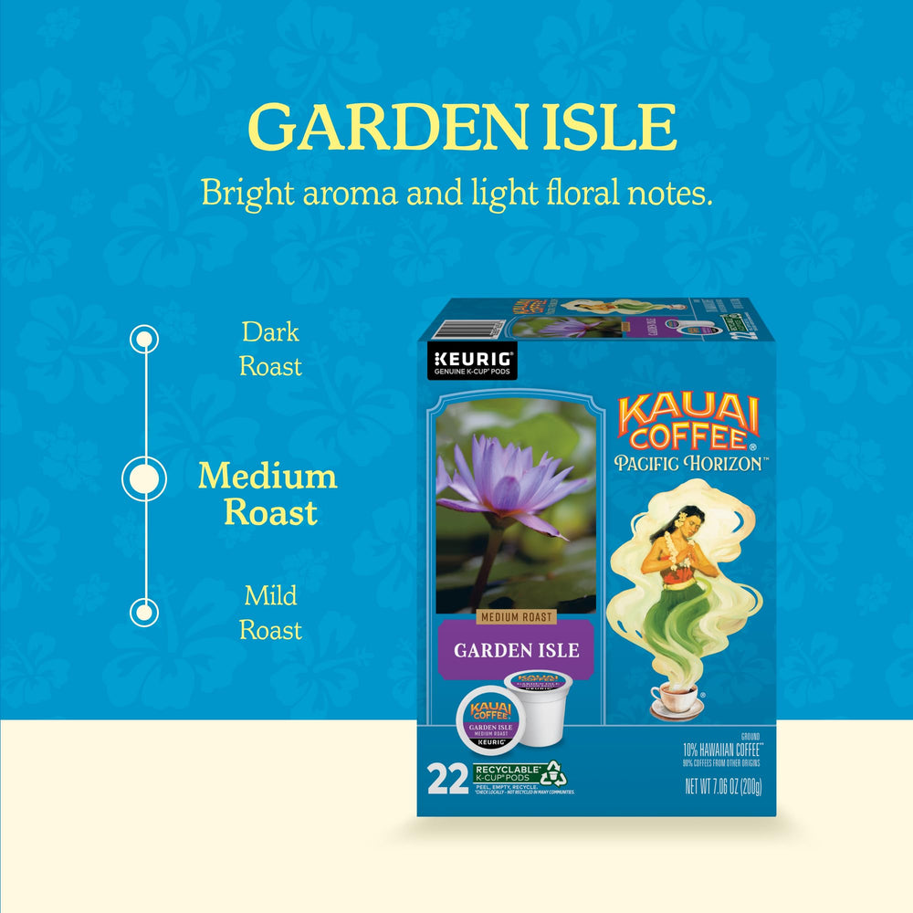 Kauai Coffee Garden Isle K-Cup in Keurig brewing, medium roast and bright aroma.
