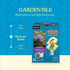 Kauai Coffee Garden Isle K-Cup in Keurig brewing, medium roast and bright aroma.