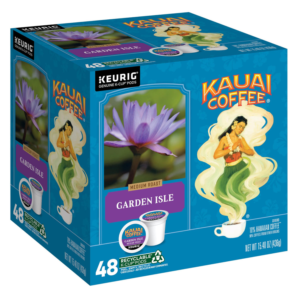 Kauai Coffee Garden Isle K-Cup pack delivers tropical aroma for Keurig brews.