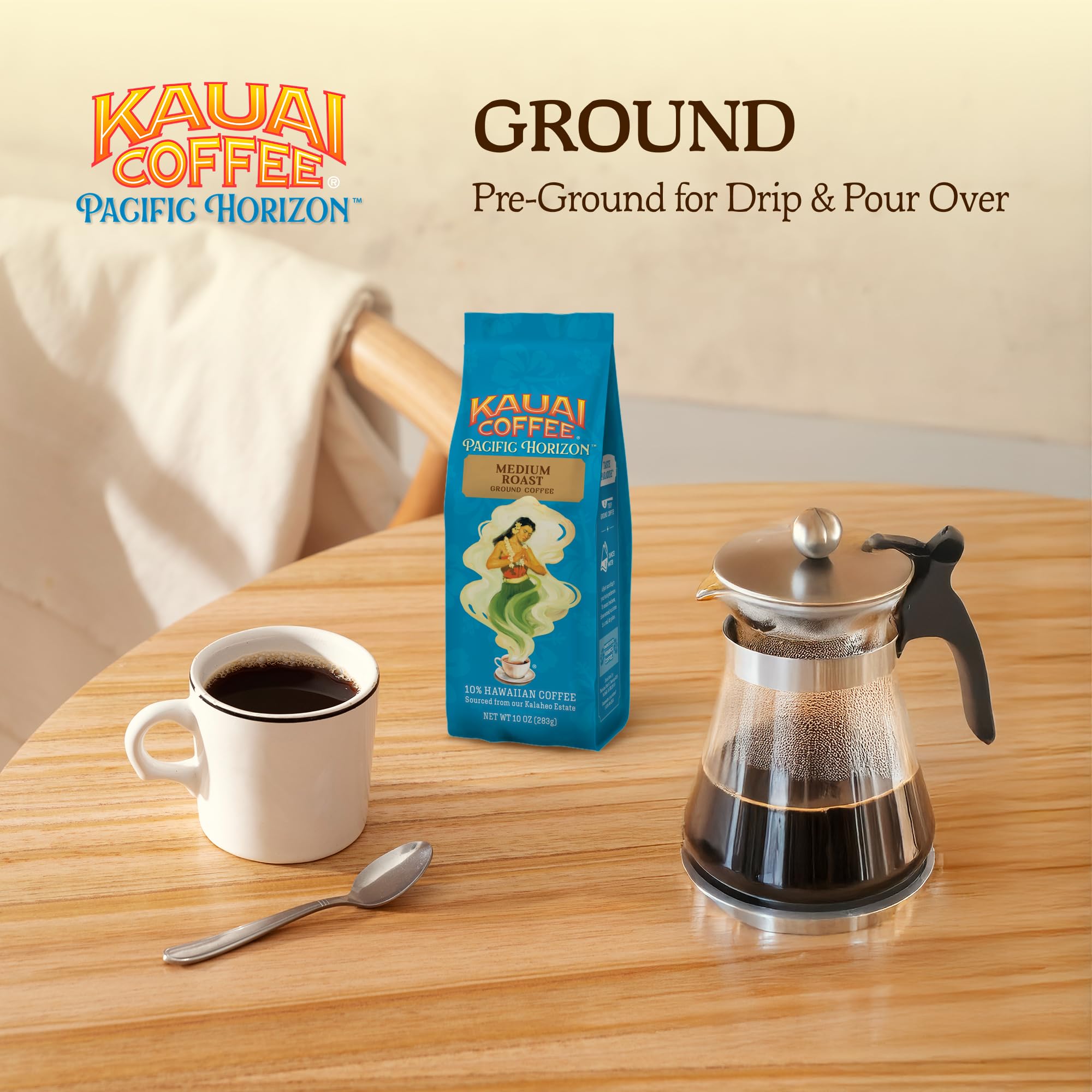 Kauai Coffee Ground morning light on cup, a relaxing daily ritual.