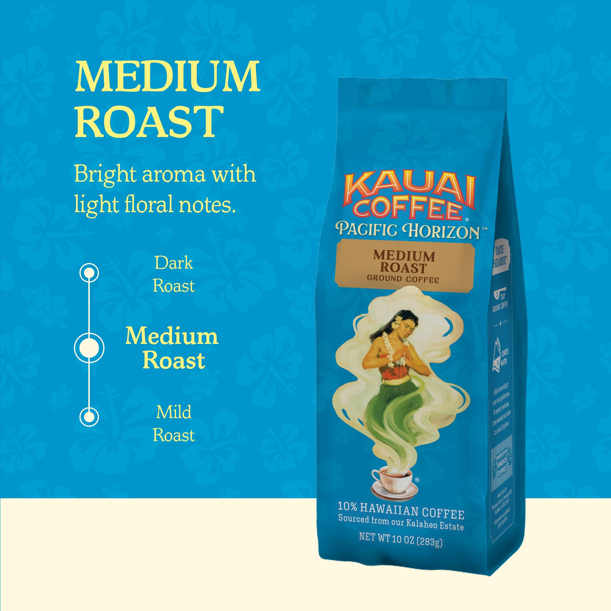 Kauai Coffee Ground bag on kitchen counter, fresh grounds ready.
