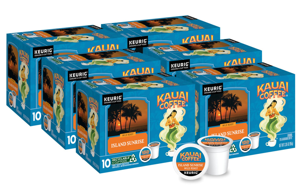 Kauai Coffee Island Sunrise K-Cup box ready for Keurig brewing