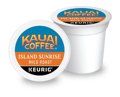 Kauai Coffee Island Sunrise K-Cup packaging on shelf for quick single-serve.