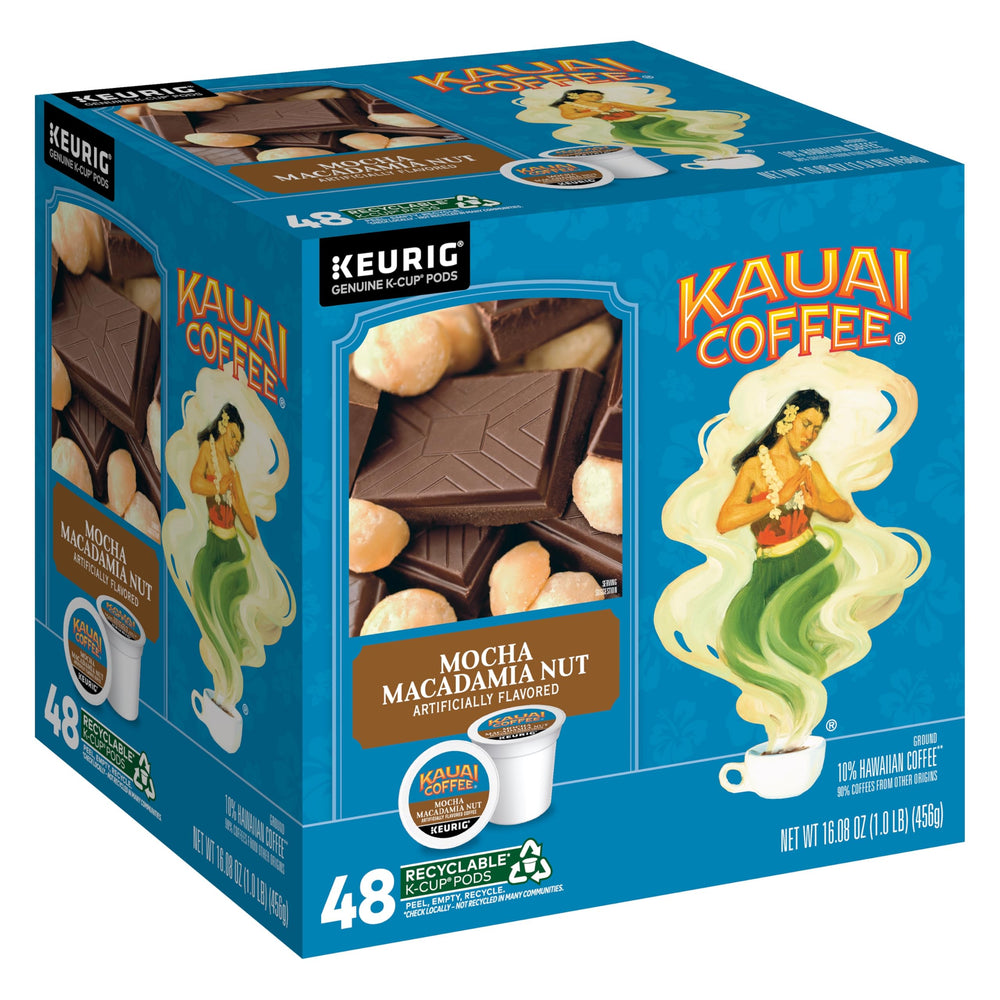 Kauai Coffee Mocha Macadamia Nut K-Cup pack offers premium single-serve convenience for quick mornings.