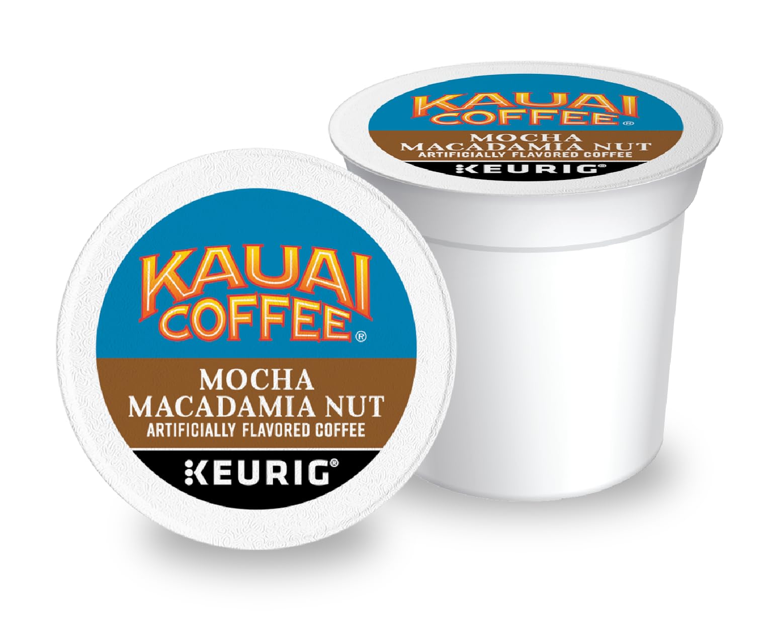 Kauai Coffee K-Cup pod close-up highlighting rich color and sturdy packaging for freshness.
