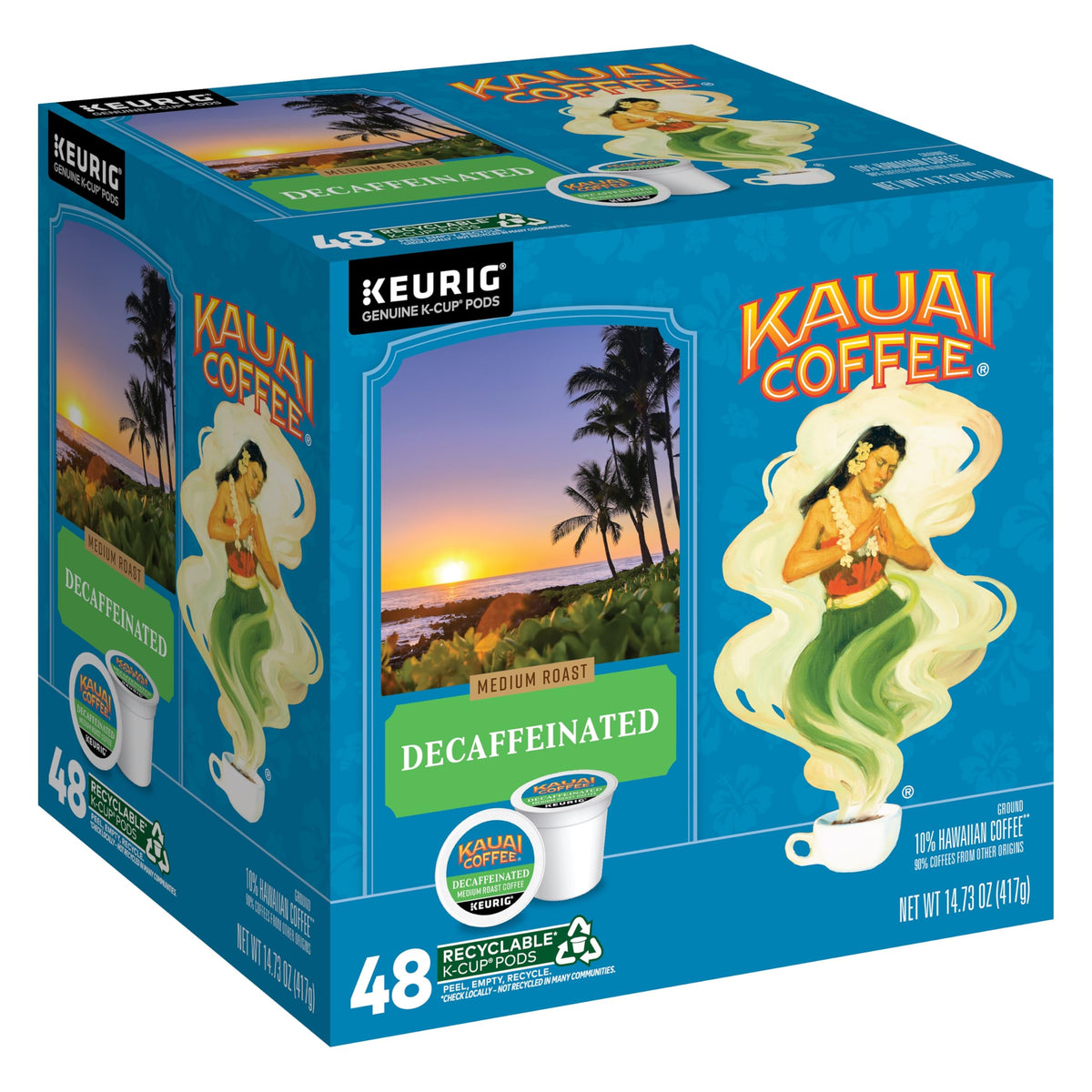 Kauai Coffee K-Cup pod for Keurig brewers, decaf medium roast with smooth flavor.